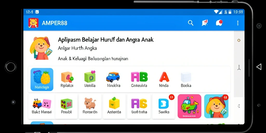 Tampilan antarmuka aplikasi AMPER88 saat belajar huruf dan angka.
