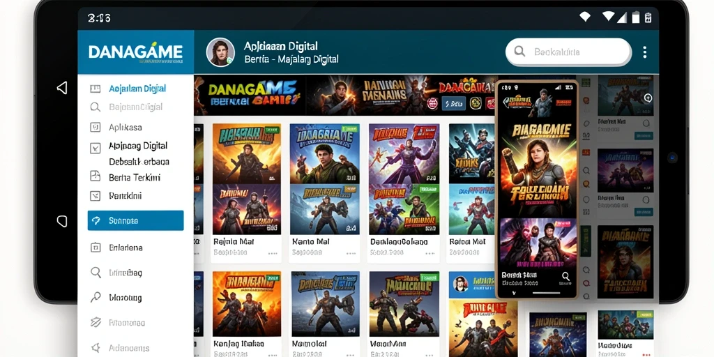 Tampilan antarmuka aplikasi DANAGAME menampilkan berita terkini dengan desain yang menarik.
